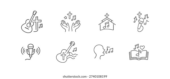 A collection of line art icons representing elements of Christian worship music, including instruments, symbols, and activities