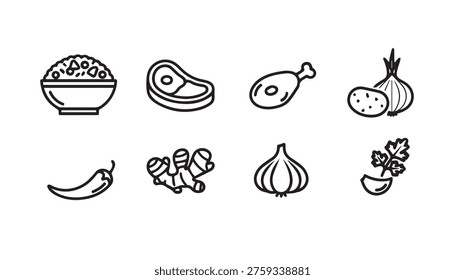 Collection of line art icons representing common food ingredients for cooking and meal preparation