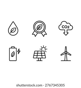A collection of line art icons representing various aspects of renewable energy and sustainability