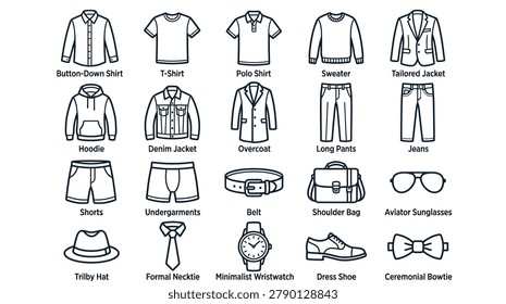 A collection of line art icons representing various men's clothing items, accessories, and footwear, each labeled with its name.