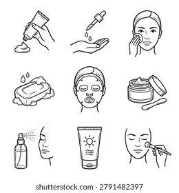 Collection of line art icons representing various skincare steps and products for a healthy complexion