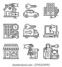 Collection of line art icons representing various property and transaction concepts like renting and buying.