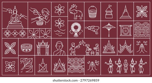 A collection of line art icons representing Thai culture and traditions, including religious symbols, cultural elements, and festival activities.