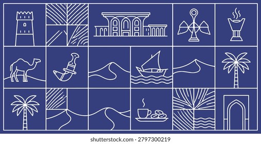 A collection of line art icons representing Middle Eastern culture and landmarks on a blue background.