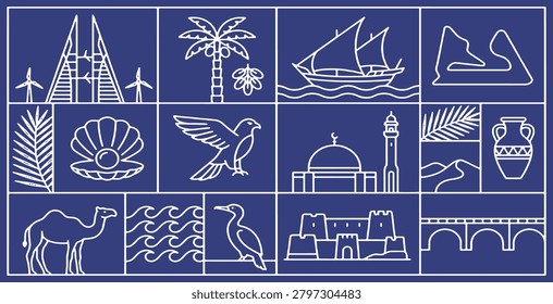 A collection of line art icons representing landmarks, nature, and culture, set against a blue background.