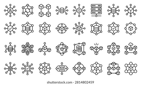A collection of line art icons representing network structures, data nodes, blockchain technology, and server systems. Icons show interconnected nodes, cubes, and databases, symbolizing data flow and connectivity.