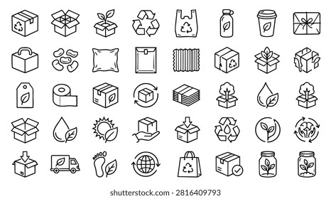 A collection of line art icons representing eco-friendly packaging, recycling, and sustainable practices. Includes boxes, bags, bottles, and delivery trucks with leaf symbols.