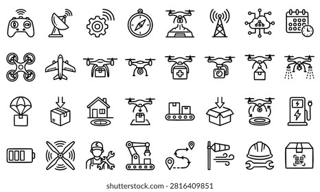 A collection of line art icons representing drone technology, including delivery, medical, and agricultural applications, alongside related equipment like controllers, antennas, and charging stations.