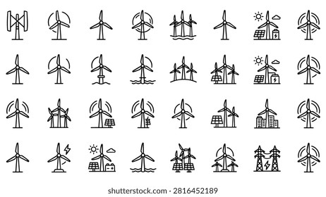 A collection of line art icons representing various types of wind turbines and wind power generation systems, including offshore and onshore installations, solar panels, and battery storage.