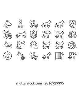 A collection of line art icons representing German Shepherd dogs in various security and training contexts.