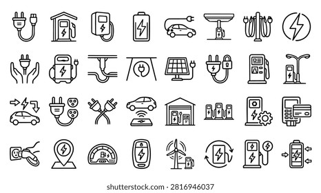 A collection of line art icons representing electric vehicle charging infrastructure, including charging stations, plugs, batteries, solar panels, and cars.