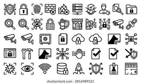 A collection of line art icons representing various aspects of digital security, including locks, firewalls, surveillance cameras, and biometric authentication.