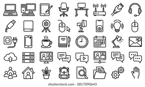 A collection of line art icons representing various office and technology items, including computers, communication devices, and office supplies.