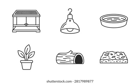Collection of line art icons representing reptile terrarium accessories including a cage, heat lamp, water dish, plant, log hide, and substrate