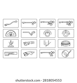 A collection of line art icons representing various components of a vinyl record turntable, including tonearms, cartridges, styli, and control knobs.