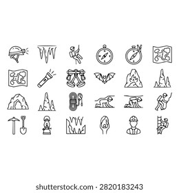 A collection of line art icons representing caving, spelunking, and underground exploration equipment and activities.
