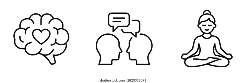 A collection of line art icons representing mental health, emotional intelligence, social interaction, and mindfulness, perfect for wellness and psychology.