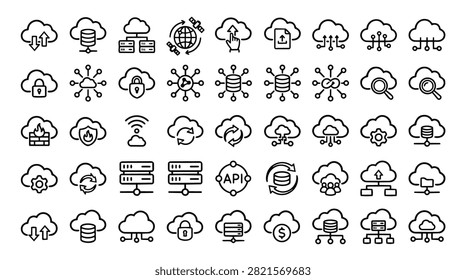 A collection of line art icons representing cloud computing services data storage and network connections for technology concepts
