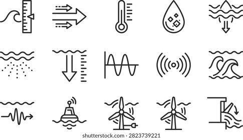 A collection of line art icons representing oceanography, marine research, water measurement, and renewable energy technologies.