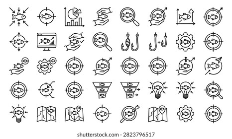 A collection of line art icons representing fishing and business concepts like targets, charts, and ideas.