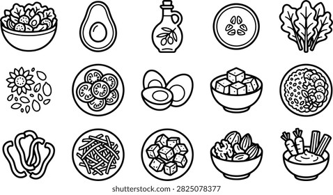A collection of line art icons representing healthy food items such as salad, avocado, olive oil, seeds, tomatoes, eggs, tofu, nuts, and fresh vegetables.