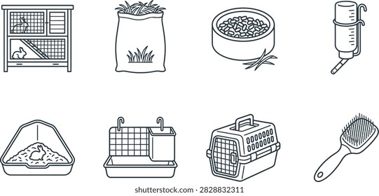 A collection of line art icons representing essential supplies and housing equipment for pet rabbits and small animals.