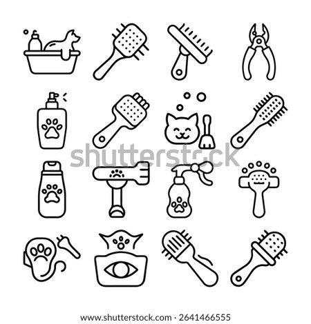 A collection of line art icons representing various pet grooming tools and supplies.
