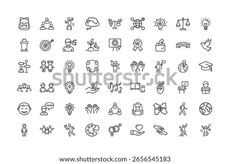 Collection of line art icons representing youth, education, and community engagement.