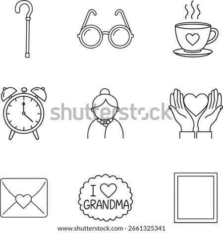 Collection of line art icons representing grandparents and senior lifestyle