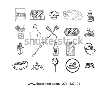 A collection of line art icons representing barbecue and grilling. Features steaks, hot dogs, sauce, tools, cooler, and the "BBQ Master" theme.