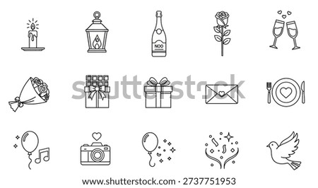 A collection of line art icons representing various elements of love, romance, celebrations, and special occasions, including gifts, flowers, food, and festive items.