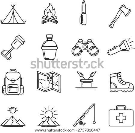 A collection of line art icons representing various camping, hiking, and outdoor adventure equipment and scenes, including a tent, campfire, axe, map, and first aid kit.