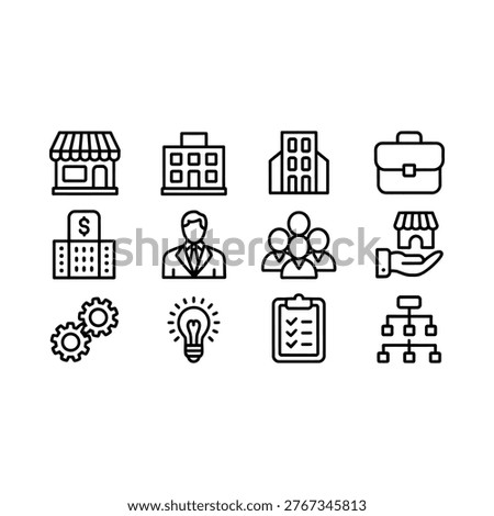 A collection of line art icons representing business commerce and organizational structures high quality professional