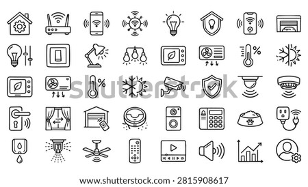 A collection of line art icons representing various smart home devices and technologies, including security, automation, and climate control.
