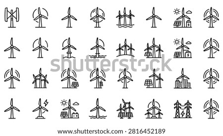 A collection of line art icons representing various types of wind turbines and wind power generation systems, including offshore and onshore installations, solar panels, and battery storage.