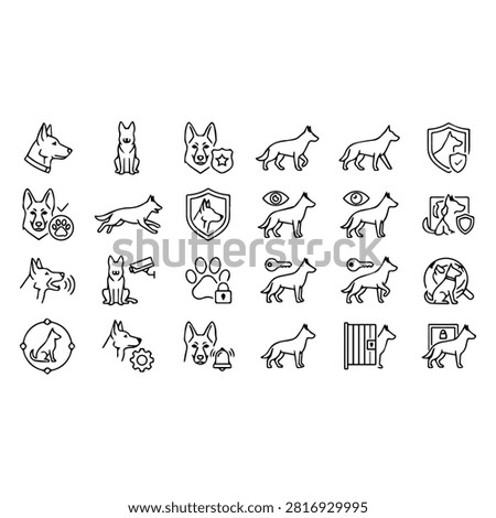 A collection of line art icons representing German Shepherd dogs in various security and training contexts.