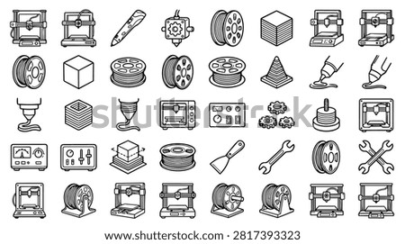 A collection of line art icons representing 3D printing technology, including printers, filament spools, extruders, and building blocks.