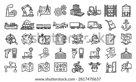 A collection of line art icons representing various aspects of logistics, shipping, and delivery services. Icons include factory, robot arm, blueprint, gears, cargo, forklift, warehouse, silo, ship, train, airplane, trucks, hand truck, anchor, compass, globe, hourglass, clipboard, handshake, package, barcode scanner, scale, tag, container, flowchart, maps, dashboard, cyclist, drone, delivery man, and mailbox.