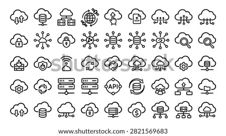 A collection of line art icons representing cloud computing services data storage and network connections for technology concepts