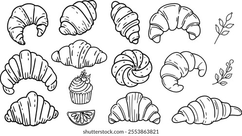 Collection line art illustration croissants , cupcake, lemon slice, and decorative botanical elements. Black and white flat design set croissants.