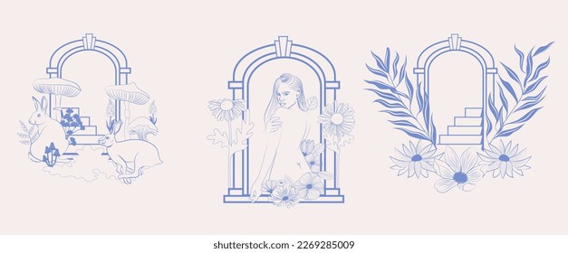 Colección de ilustraciones de líneas con animales salvajes, plantas, hermosa mujer y arco. Ilustración vectorial editable