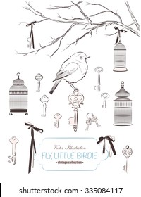 Collection of line art illustration for your design. Cute bows, vintage keys, tree branches with three cages and little birdie on white background.