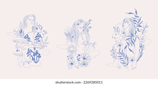 Collection of line art illustrations with beautiful woman Nymphs surrounded by wild animals and plants. Editable vector illustration.