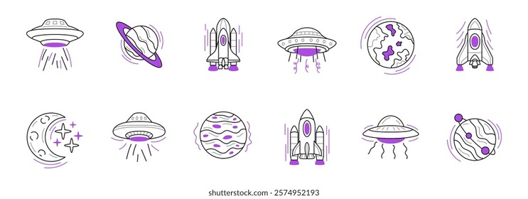 A collection of line art illustrations depicting various space-related objects including UFOs, rockets, planets, and a moon.