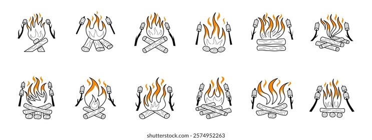 A collection of line art illustrations depicting campfires with marshmallows roasting on sticks.