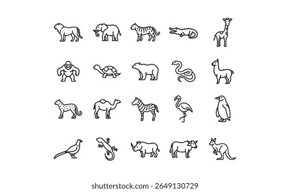 A collection of line art illustrations depicting various animals, including mammals, reptiles, and birds. Each animal is presented in a simple, outlined styl...