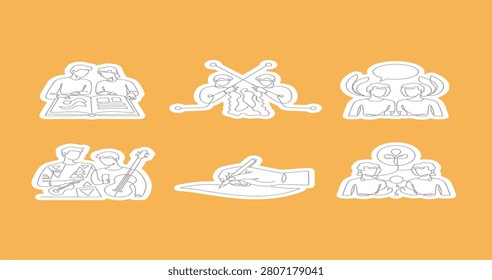 A collection of line art illustrations depicting various human activities and creative pursuits on an orange background