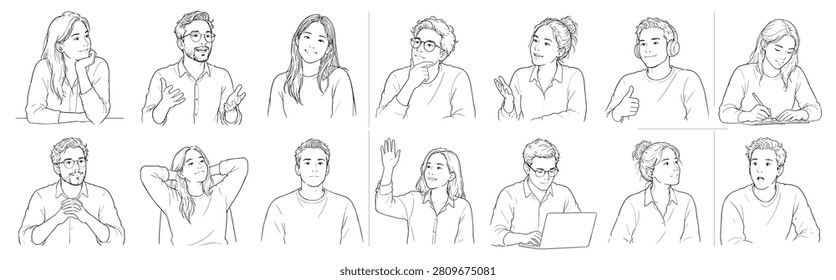 A collection of line art illustrations depicting individuals expressing different emotions and engaging in various activities, suitable for conceptual use