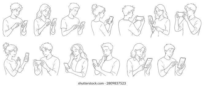 A collection of line art illustrations depicting men and women engaged with mobile devices for communication, entertainment, and information
