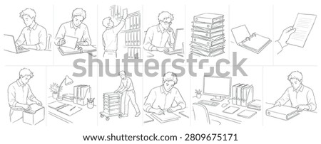 A collection of line art illustrations depicting a man engaged in diverse office activities, including computer work, filing, and organizing paperwork